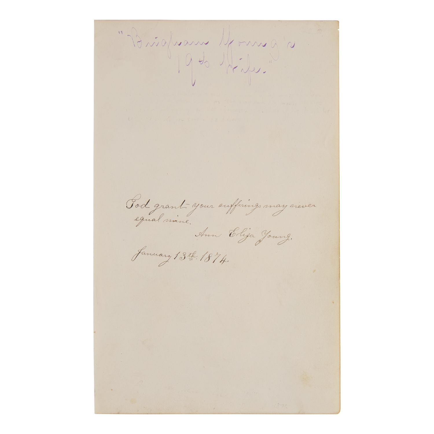 [Mormonism] Signed A utograph Quote from Ann Eliza Young, Nineteenth Wife of Mormon Leader Brigham Young, Signed During her Divorce Proceedings Against him, 1874
