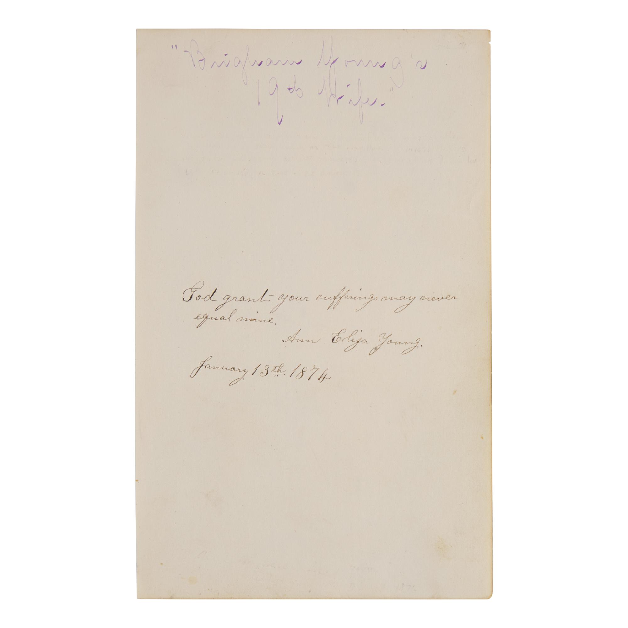 [Mormonism] Signed A utograph Quote from Ann Eliza Young, Nineteenth Wife of Mormon Leader Brigham Young, Signed During her Divorce Proceedings Against him, 1874