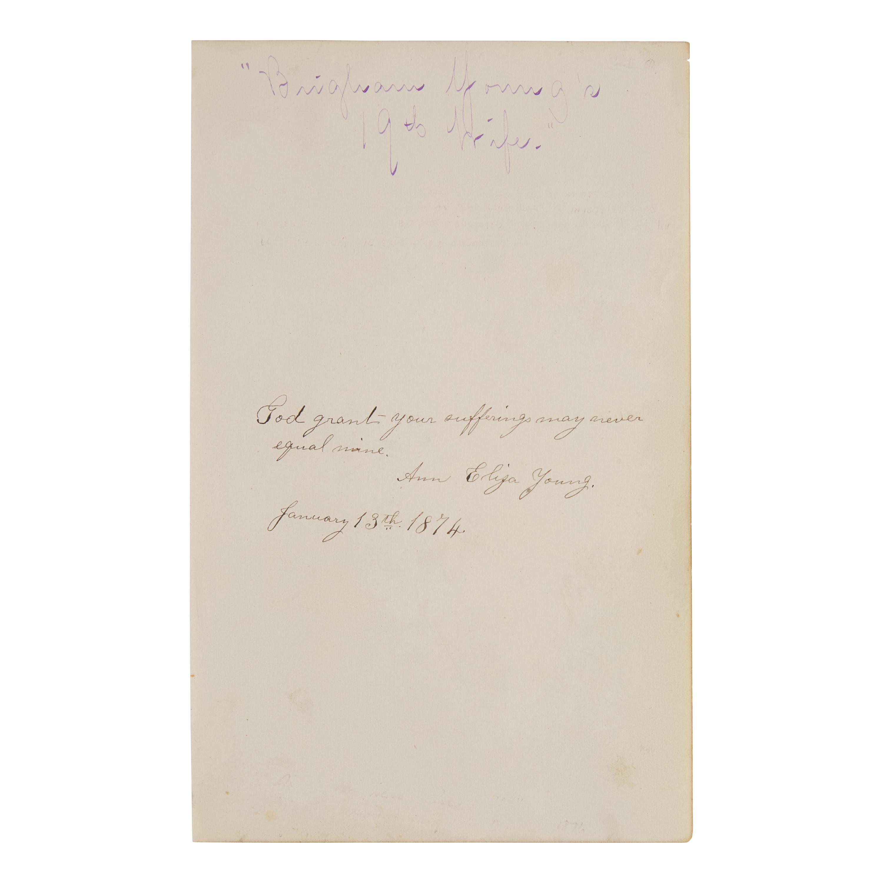*[Mormonism] Signed Autograph Quote from Ann Eliza Young, Nineteenth Wife of Mormon Leader Brigham Young, Signed During her Divorce Proceedings Against him, 1874
