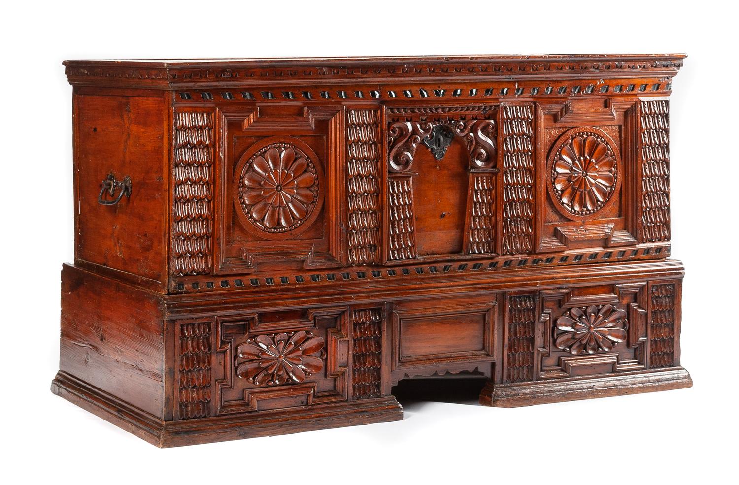 A Northern European Carved Cassone on Stand Height 35 x width 60 x depth 24 3/4 inches. — 18TH CENTURY