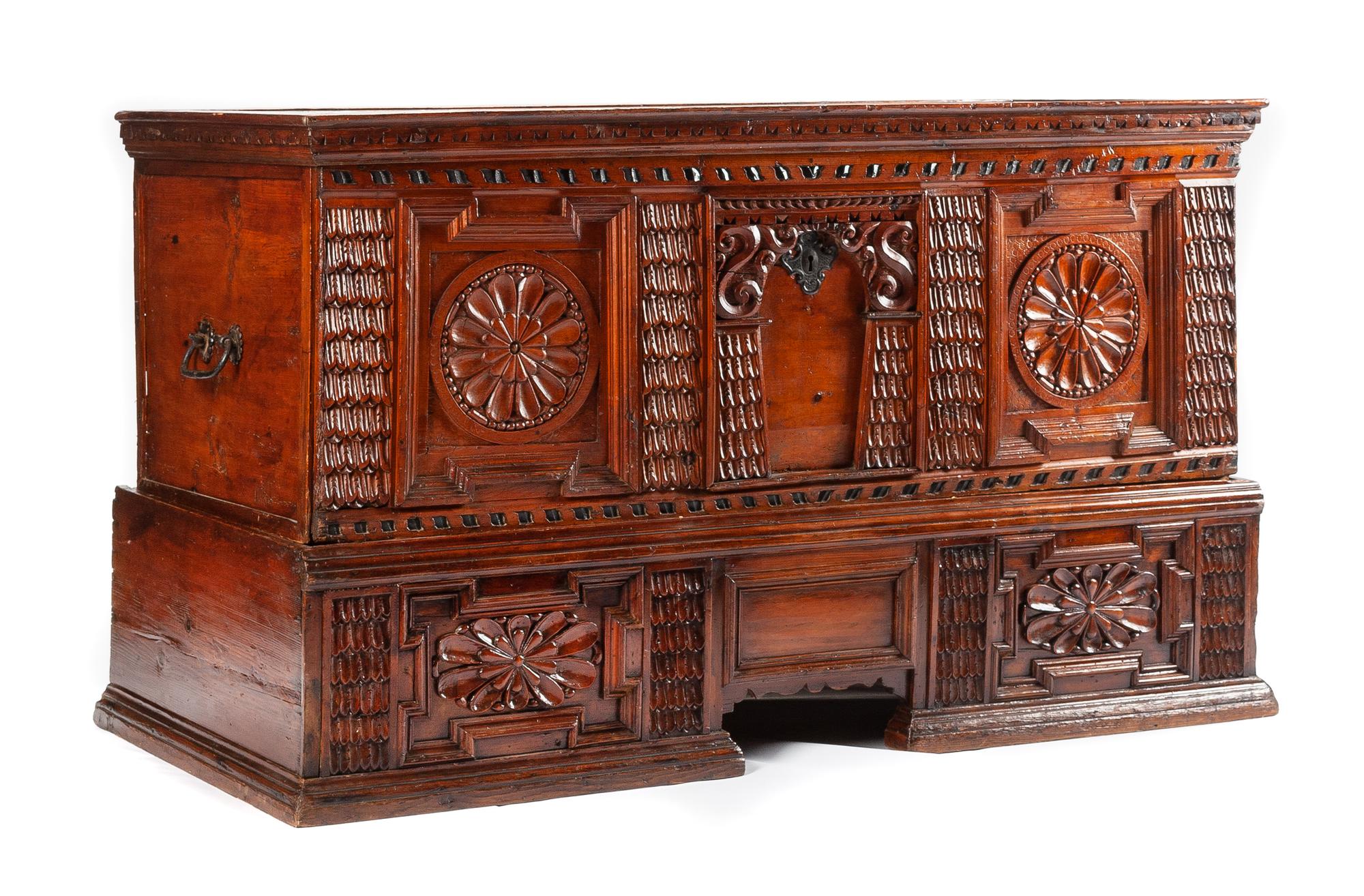 A Northern European Carved Cassone on Stand Height 35 x width 60 x depth 24 3/4 inches. — 18TH CENTURY