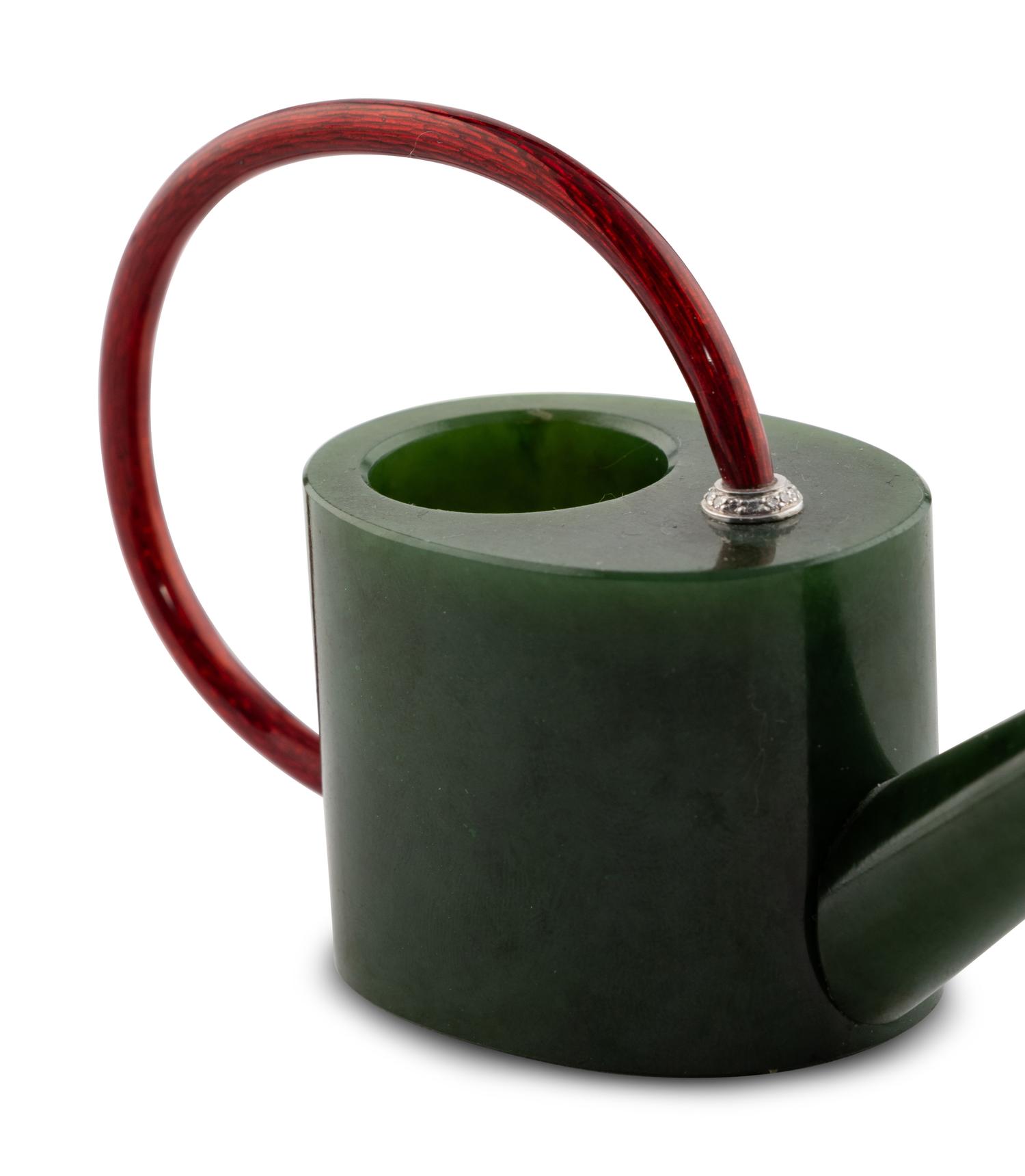 A Carved Jade, Guilloche Enamel and Diamond-Mounted Watering Can