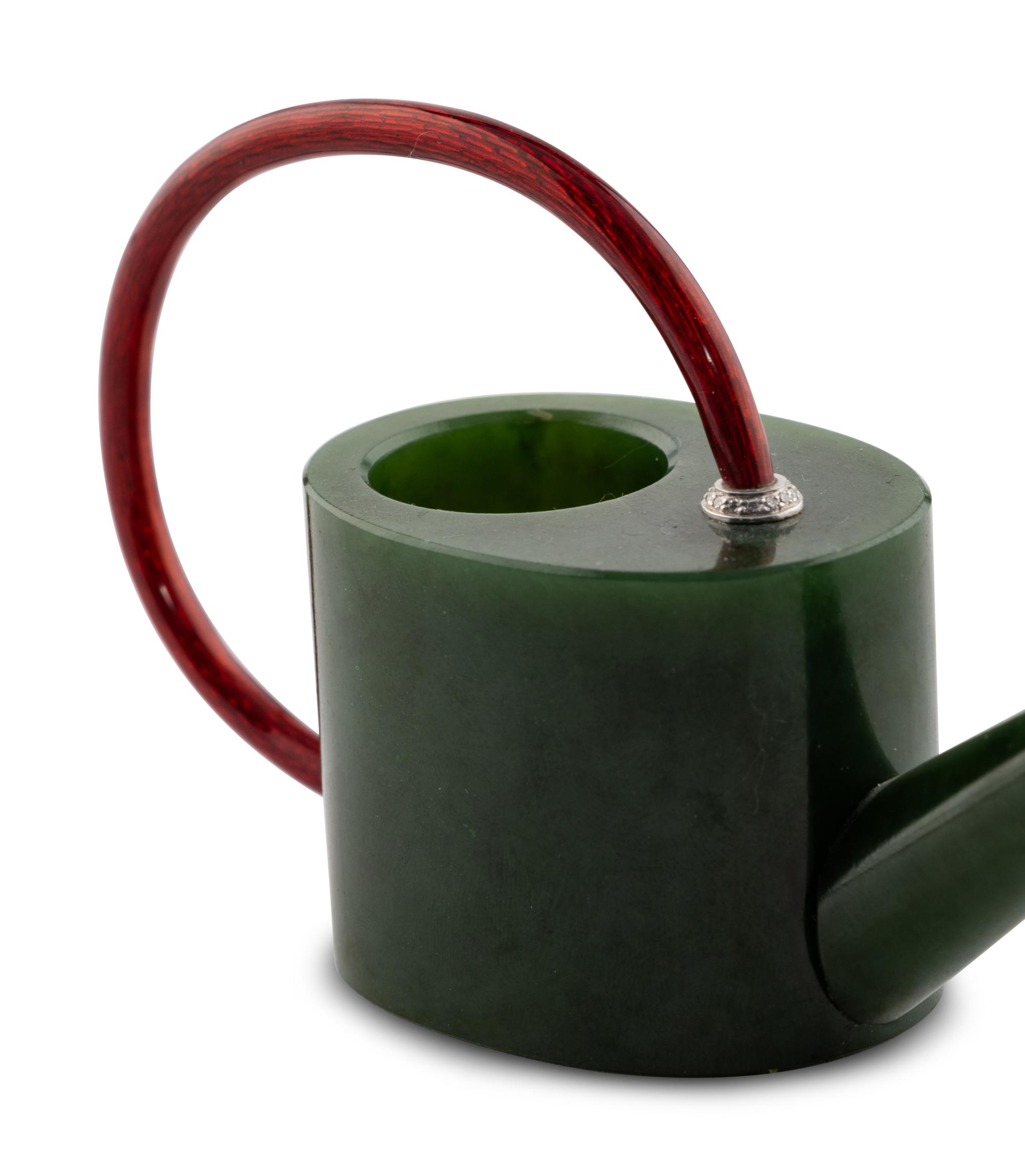 A Carved Jade, Guilloche Enamel and Diamond-Mounted Watering Can