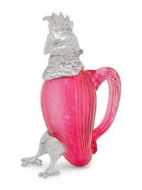 A Silver-Plate and Pink Glass Parrot Cruet Jug