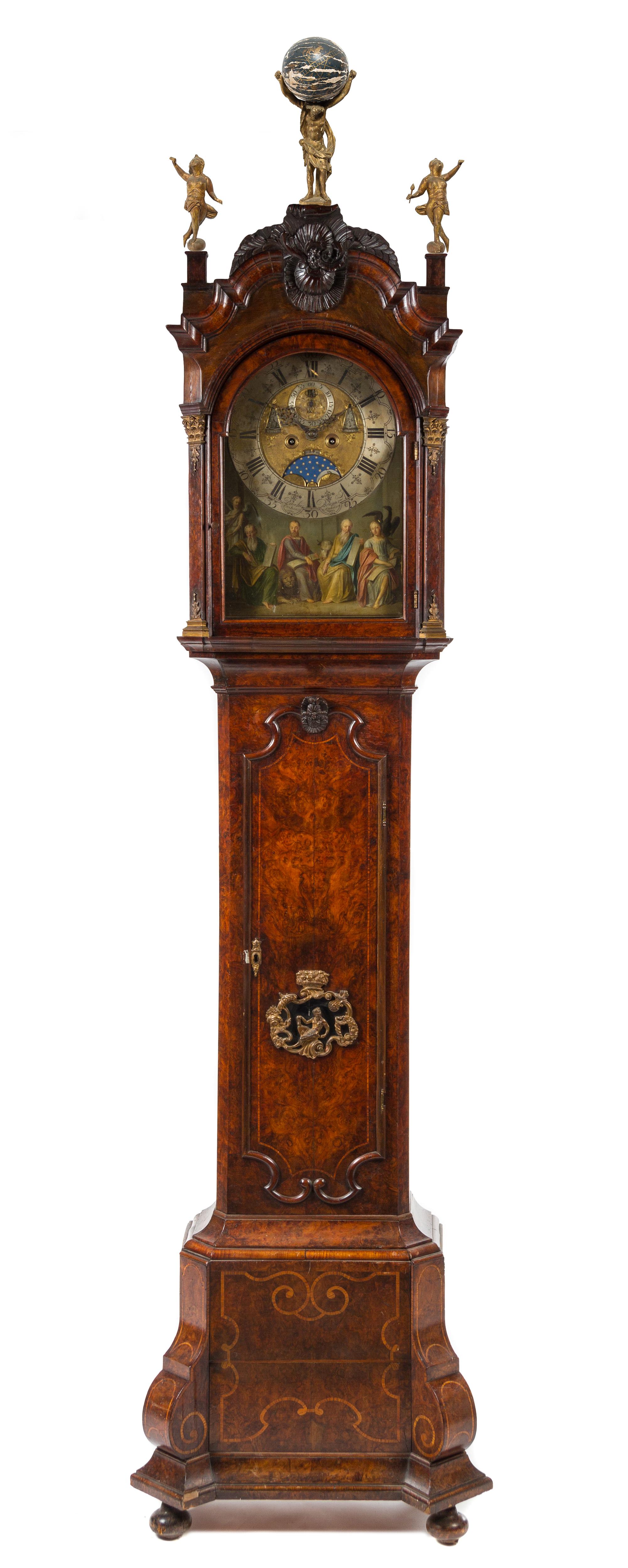 A Dutch Gilt Metal Mounted Burl Walnut Tall Case Clock Height 110 1/2 inches. — PAULUS BRAMER & SON, AMSTERDAM, 18TH CENTURY