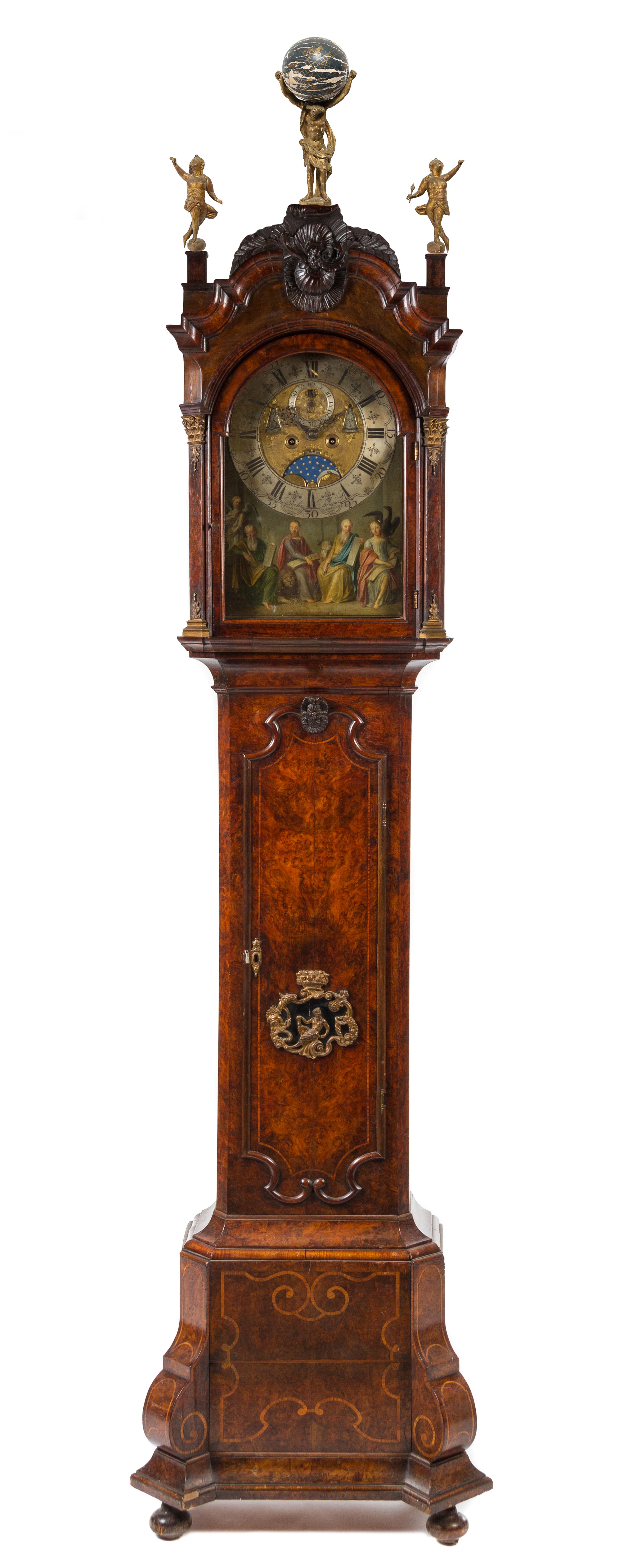 A Dutch Gilt Metal Mounted Burl Walnut Tall Case Clock Height 110 1/2 inches. — PAULUS BRAMER & SON, AMSTERDAM, 18TH CENTURY
