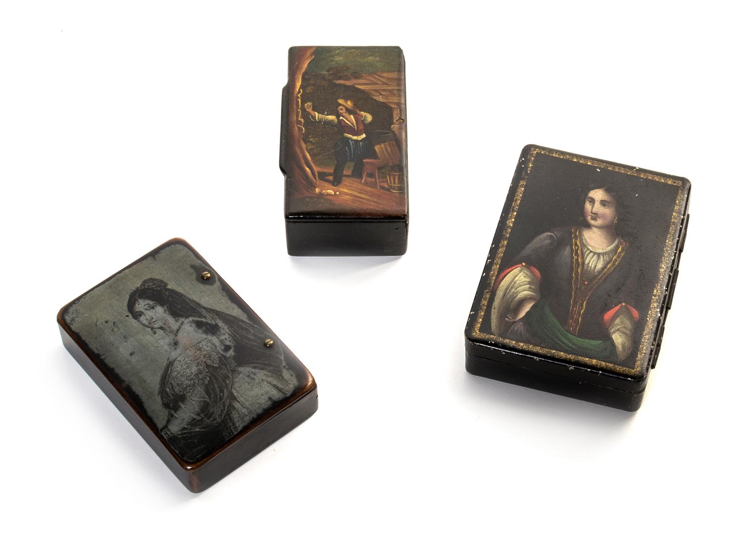 Two Continental Lacquered Papier Mache Snuff Boxes, Length of longest 4 inches.