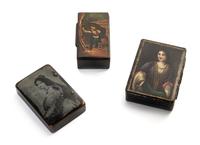 Two Continental Lacquered Papier Mache Snuff Boxes, Length of longest 4 inches.