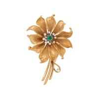 YELLOW GOLD, EMERALD AND DIAMOND FLOWER BROOCH