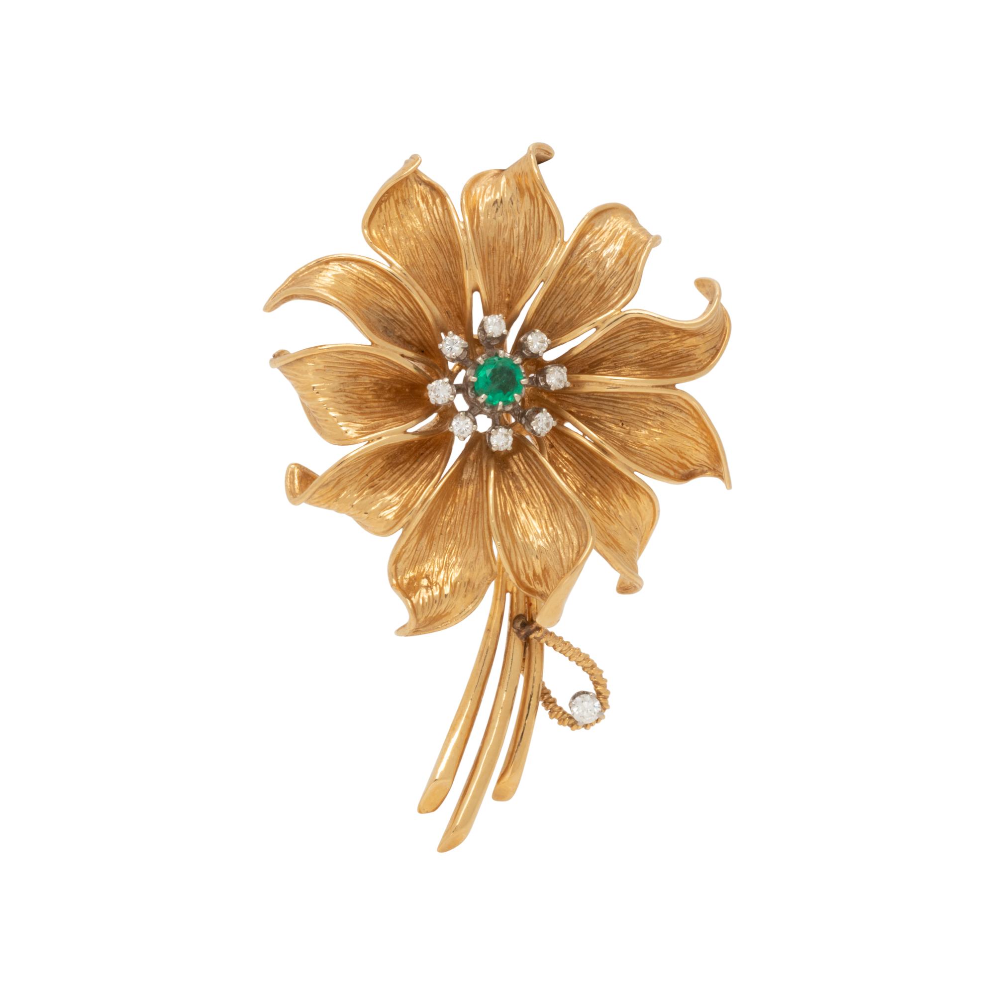 YELLOW GOLD, EMERALD AND DIAMOND FLOWER BROOCH