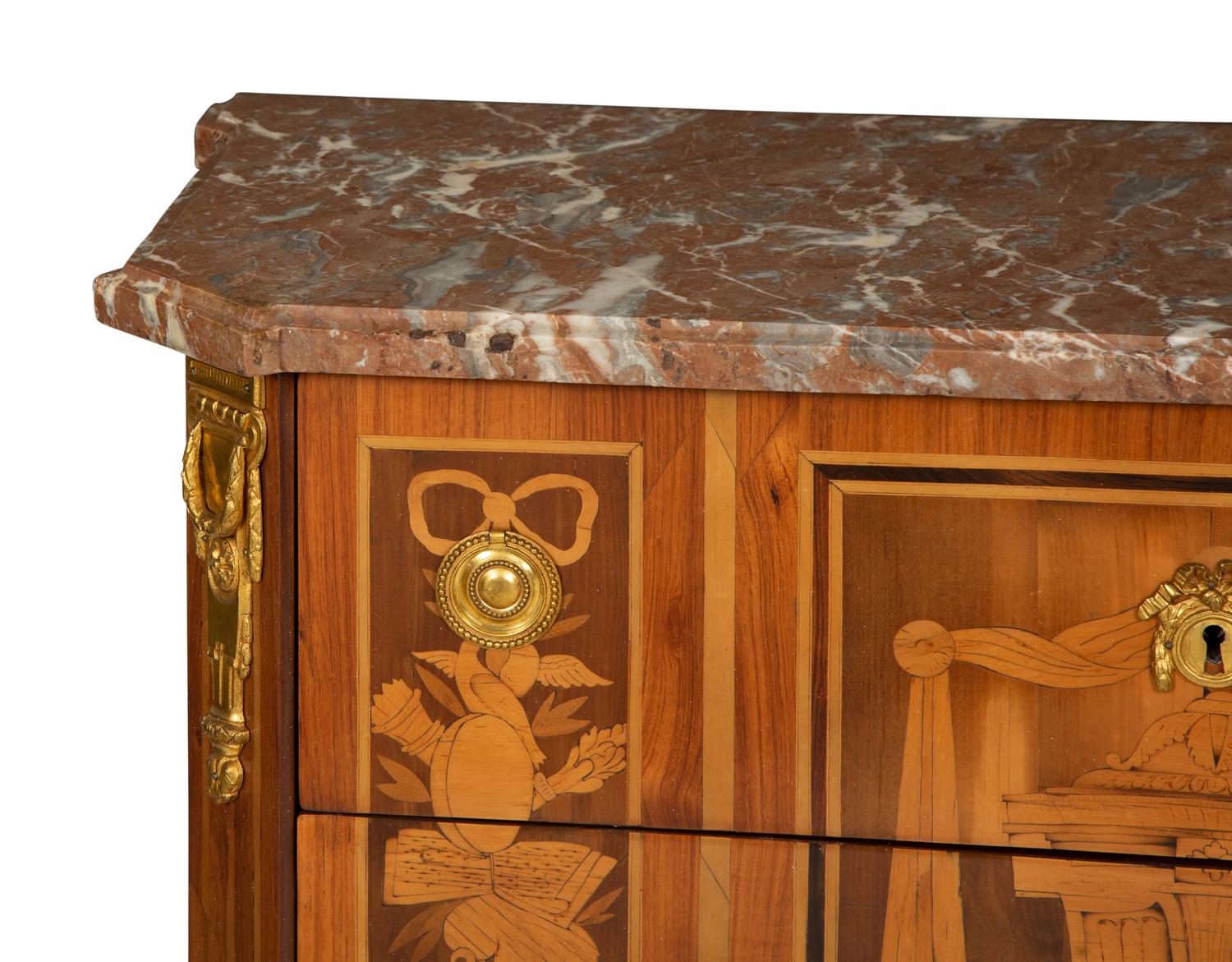 A Louis XV Gilt Bronze Mounted Marquetry Marble Top Commode