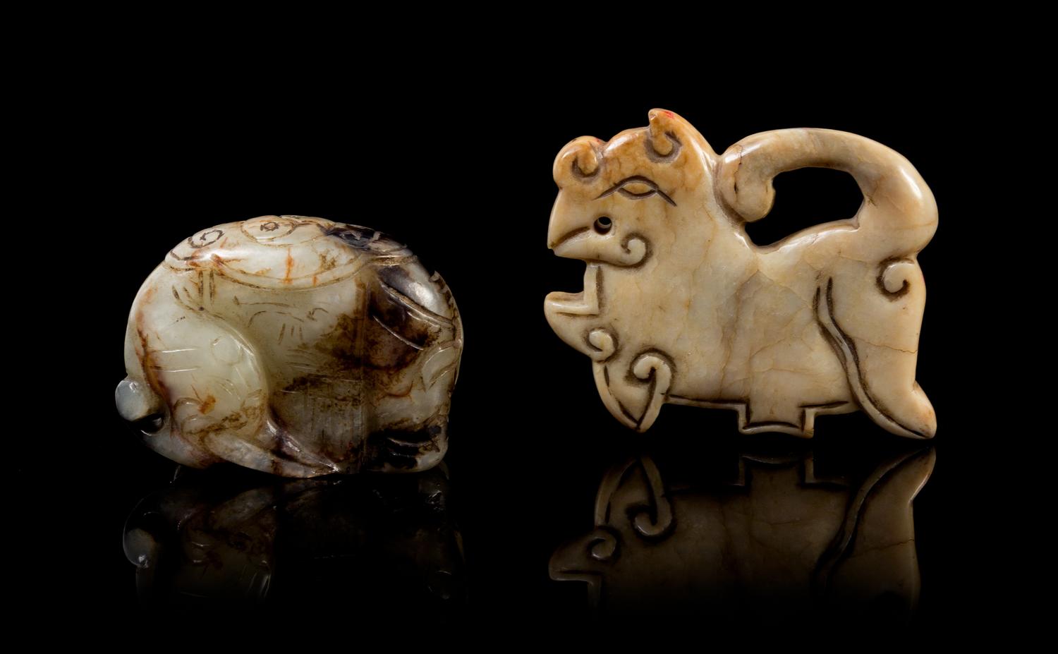 Two Chinese Incised Jade Animals MING DYNASTY Width 1 5/8 inches. — MING DYNASTY