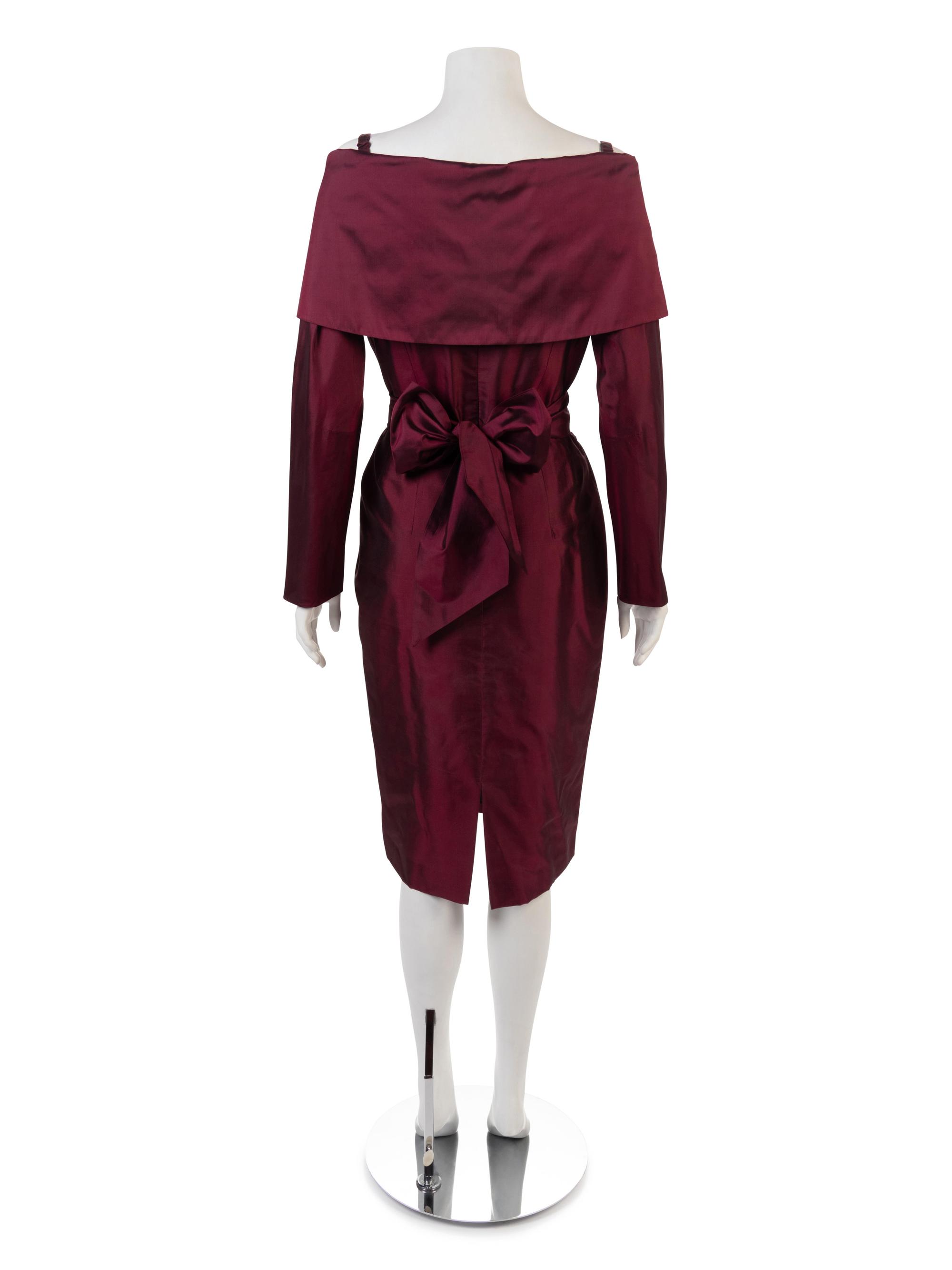 Two Catherine Regehr Burgundy Satin Evening Dresses and One Badgley Mishka Dress