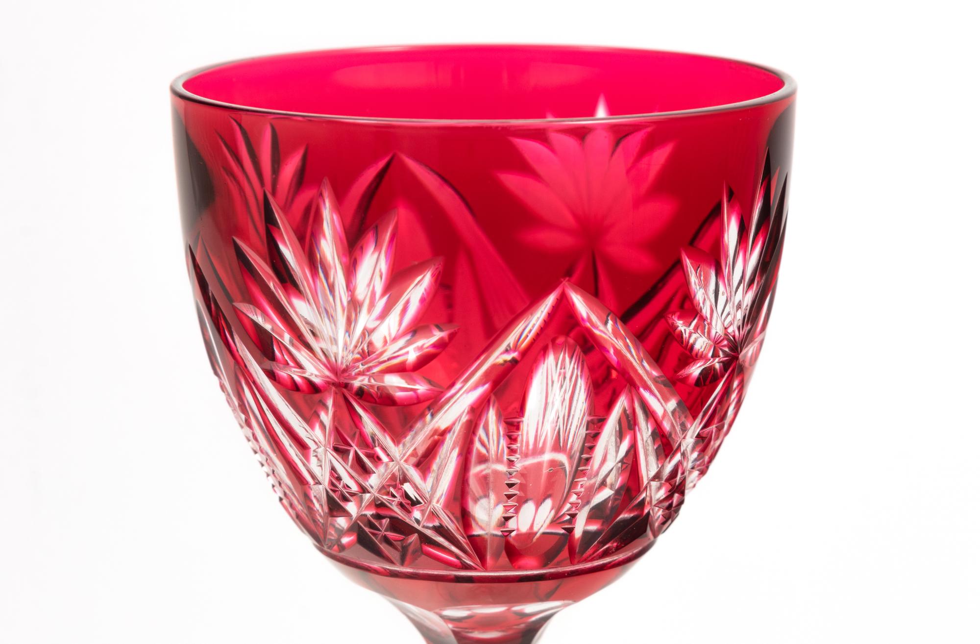 A Set of Ten Cranberry Cut-to-Clear Glass Wine Stems
