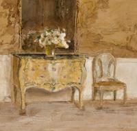 Interior with a commode and a pair of side chairs