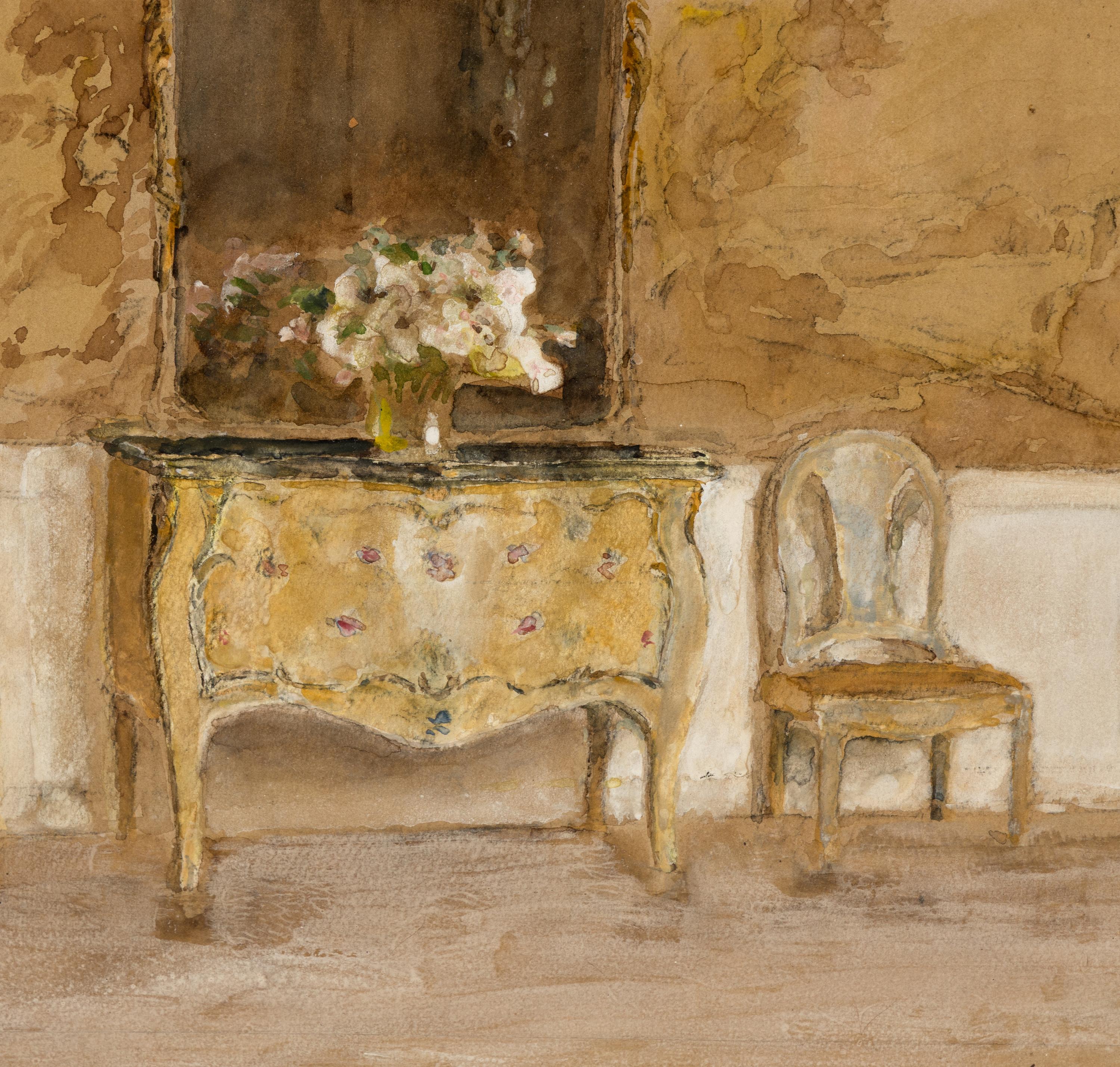 Interior with a commode and a pair of side chairs
