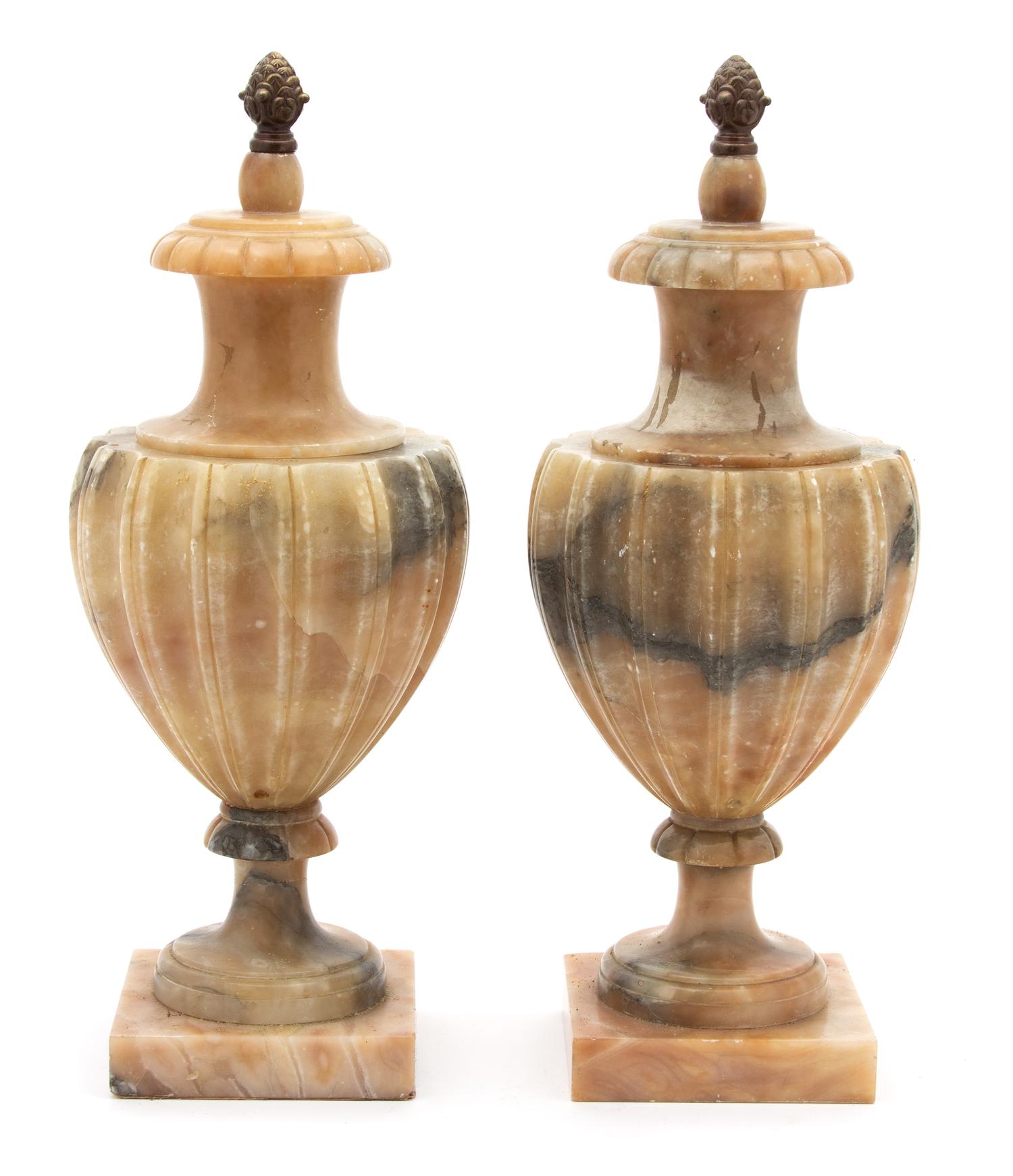A Pair of Carved Alabaster Covered Urns Height 15 3/4 inches. — 20TH CENTURY