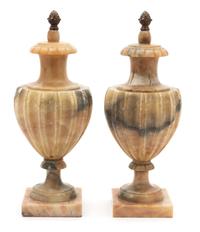 A Pair of Carved Alabaster Covered Urns Height 15 3/4 inches. — 20TH CENTURY