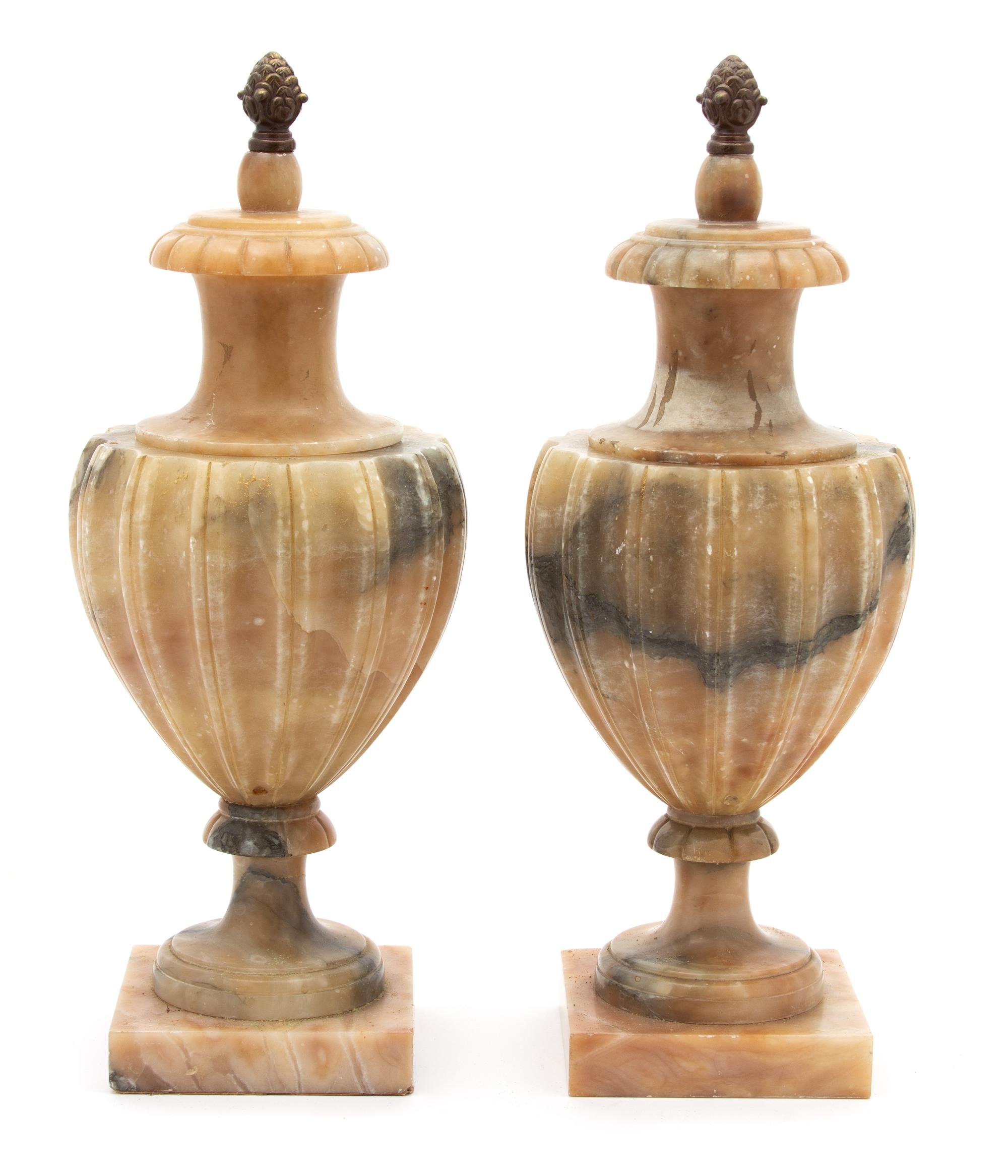 A Pair of Carved Alabaster Covered Urns Height 15 3/4 inches. — 20TH CENTURY
