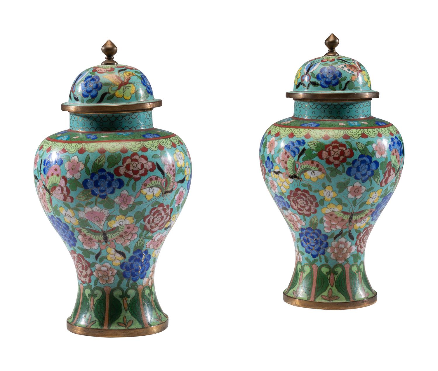 A Pair of Chinese Cloisonné Enamel Covered Jars