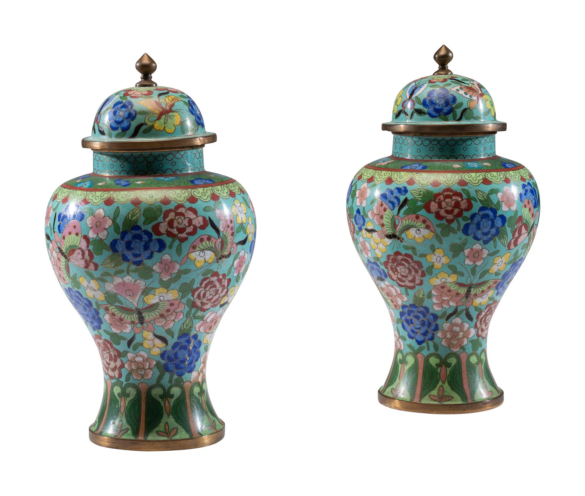 A Pair of Chinese Cloisonné Enamel Covered Jars