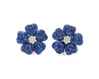 WHITE GOLD, INVISIBLY-SET SAPPHIRE AND DIAMOND FLOWER EARRINGS
