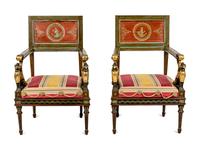 A Pair of North Italian Neoclassical Bronze Mounted Polychrome Painted Armchairs
