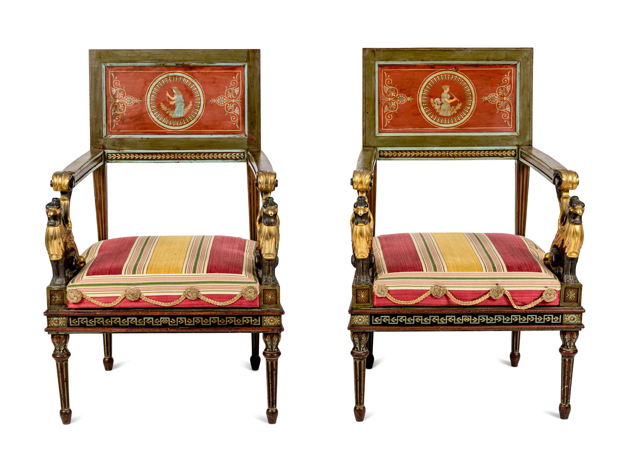 A Pair of North Italian Neoclassical Bronze Mounted Polychrome Painted Armchairs