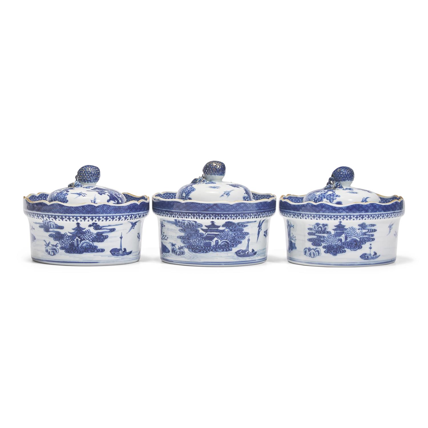 Three Chinese Export Porcelain Blue Fitzhugh Butter Tubs and Covers