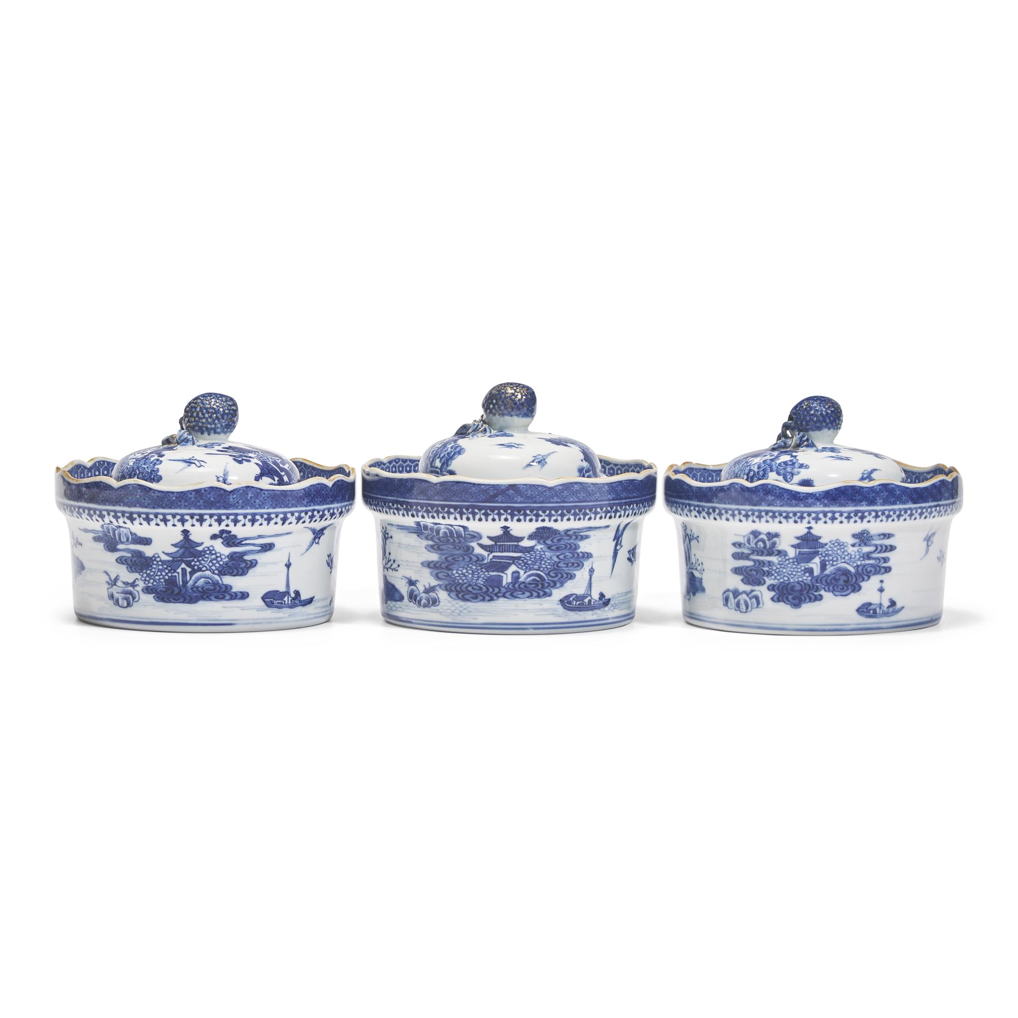 Three Chinese Export Porcelain Blue Fitzhugh Butter Tubs and Covers