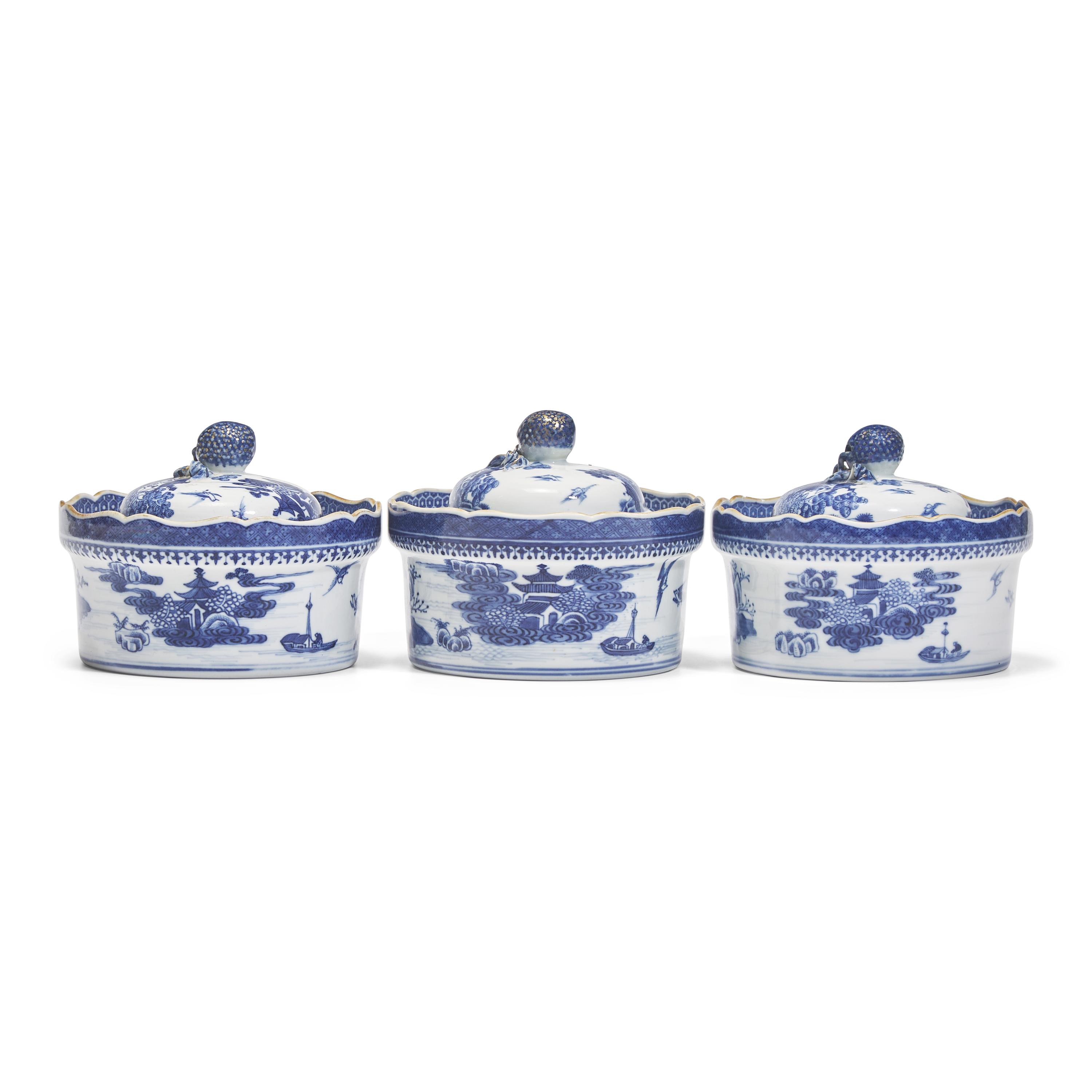 Three Chinese Export Porcelain Blue Fitzhugh Butter Tubs and Covers