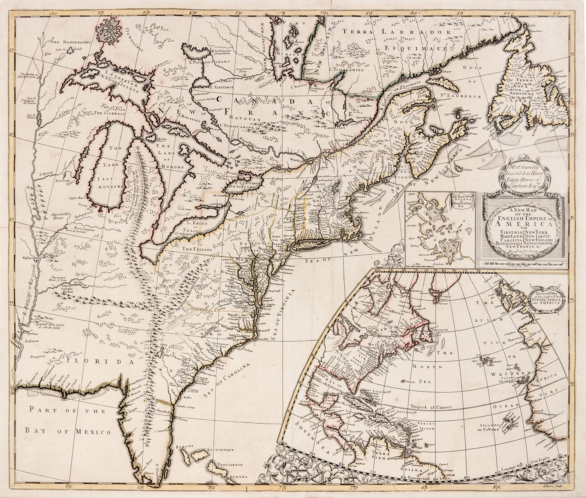 SENEX, John. A New Map of the English Empire in America viz Virginia, New York, MaryLand, New Iarsey, Carolina... [London], 1719.