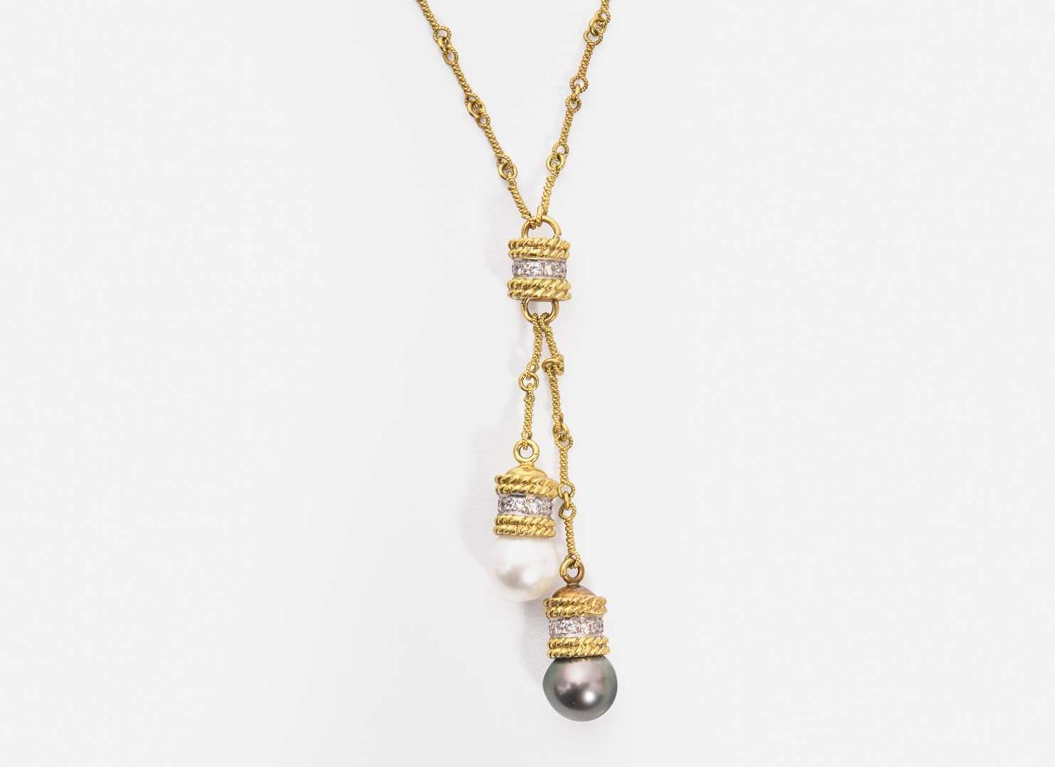 An 18K Yellow Gold, Pearl, and Diamond Lariat Necklace