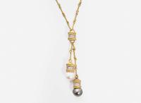 An 18K Yellow Gold, Pearl, and Diamond Lariat Necklace