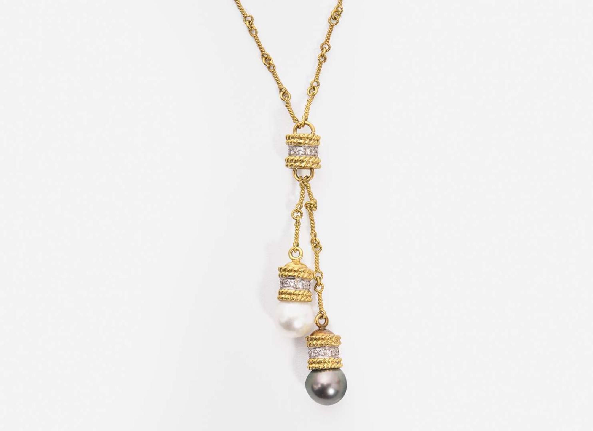 An 18K Yellow Gold, Pearl, and Diamond Lariat Necklace