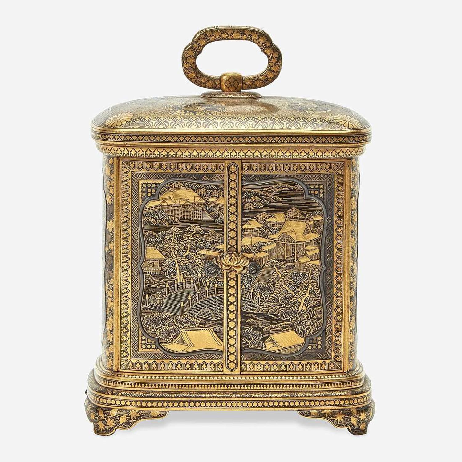 A Japanese gold-inlaid iron miniature cabinet, Komai workshops, Kyoto Meiji period