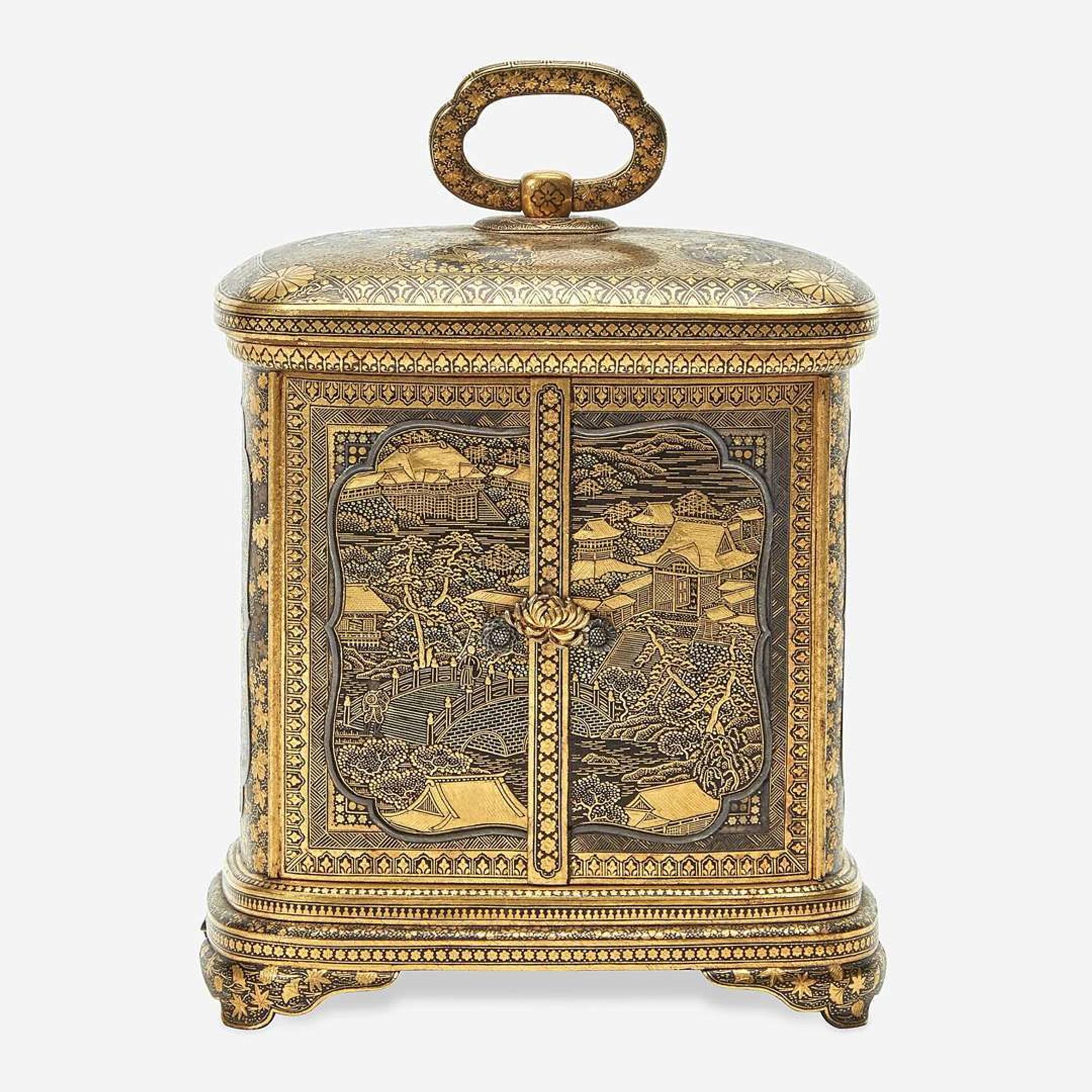 A Japanese gold-inlaid iron miniature cabinet, Komai workshops, Kyoto Meiji period