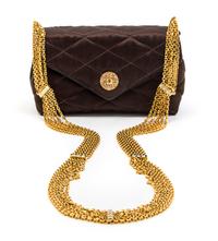 A Chanel Brown Satin Quilted Convertible Evening Bag, 6 1/2 x 4 x 2 1/2 inches.