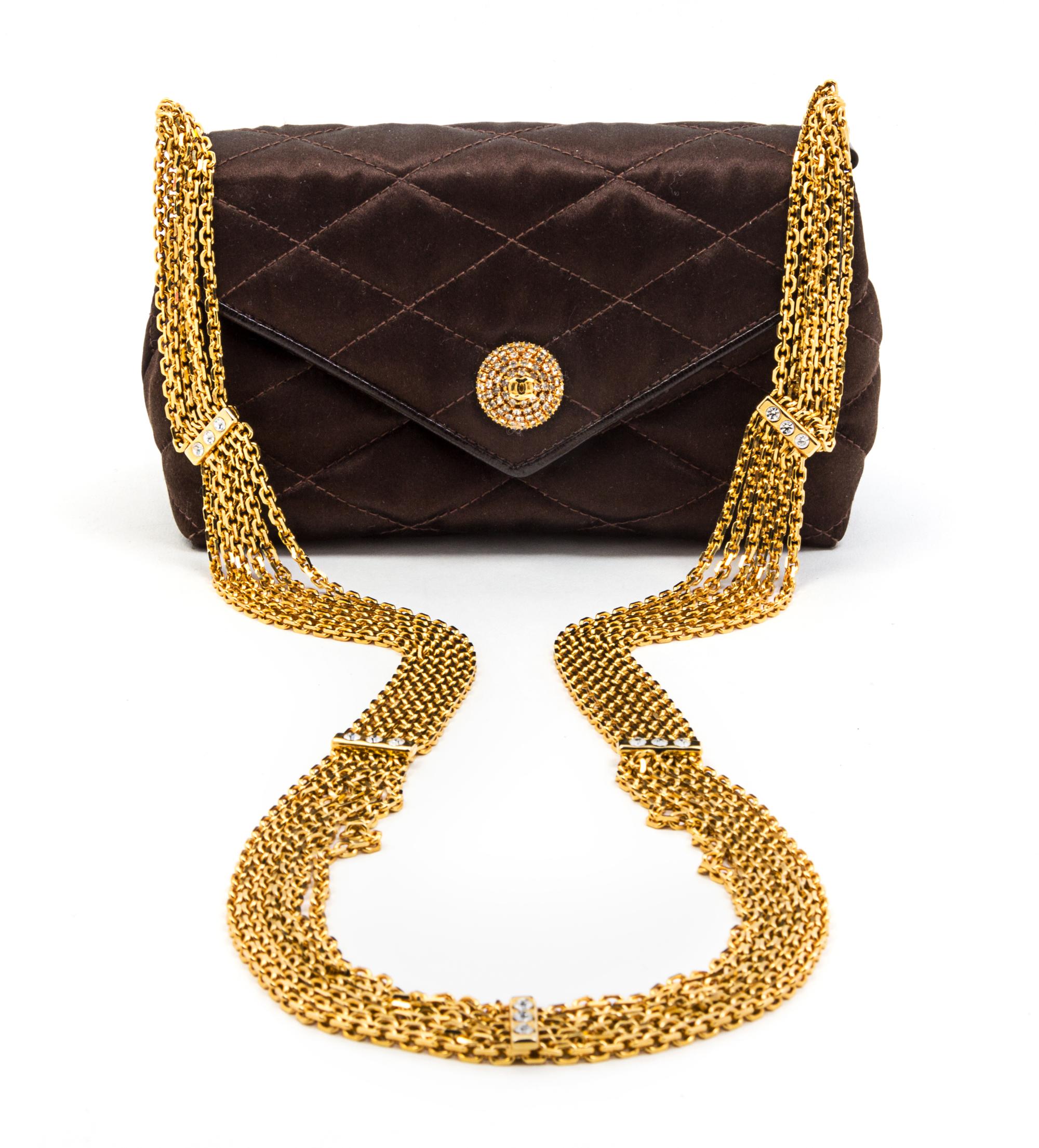 A Chanel Brown Satin Quilted Convertible Evening Bag, 6 1/2 x 4 x 2 1/2 inches.