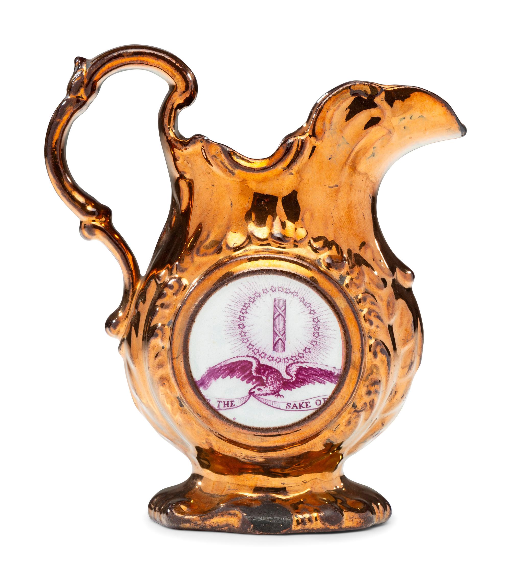 A Staffordshire Transfer-Printed Copper Lustre 'William Henry Harrison' Cream Pitcher