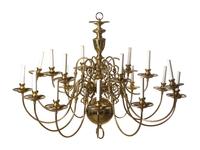 A Dutch Baroque Style Brass Eighteen-Light Chandelier, Height 32 x diameter 44 inches.