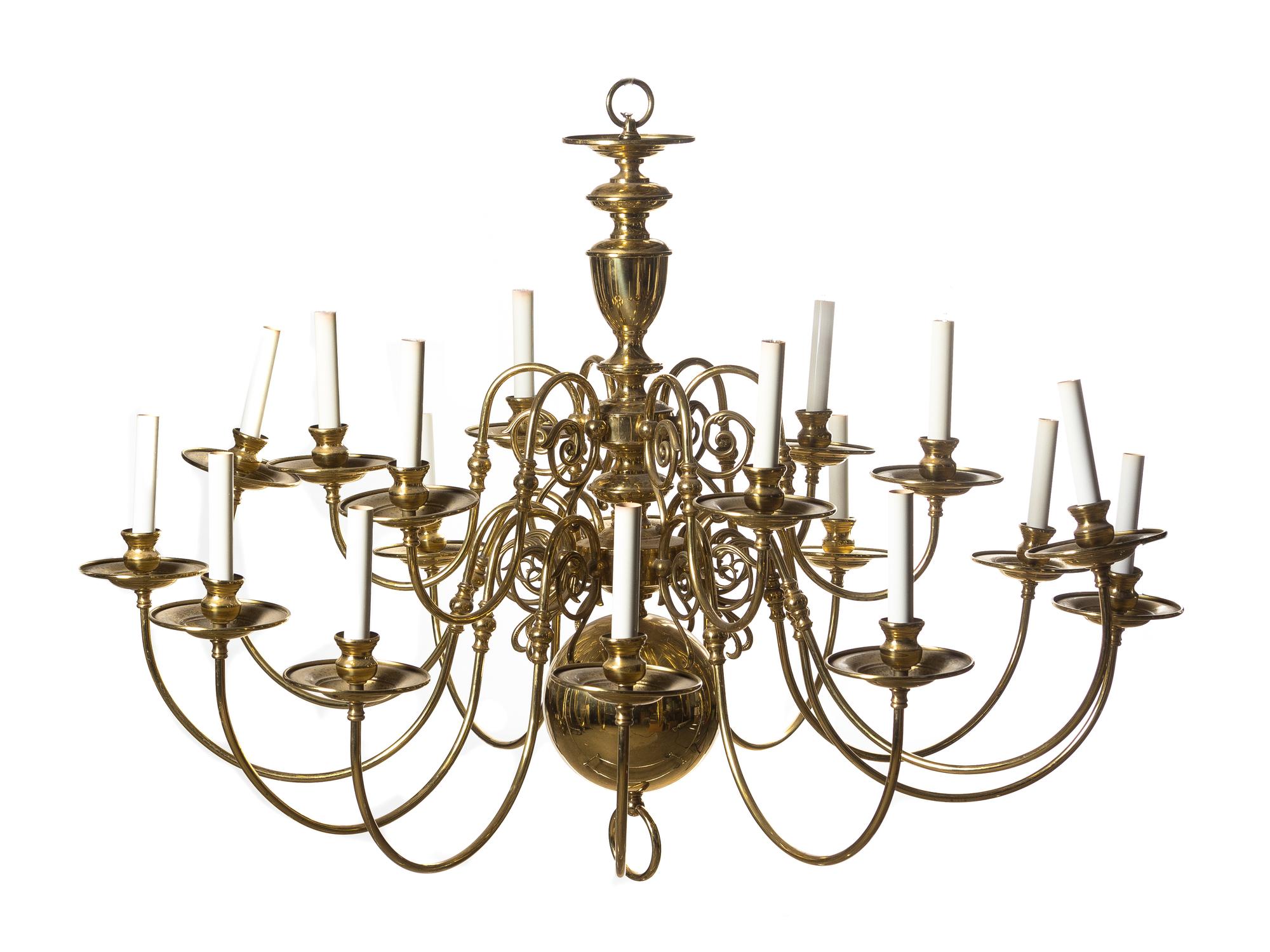 A Dutch Baroque Style Brass Eighteen-Light Chandelier, Height 32 x diameter 44 inches.
