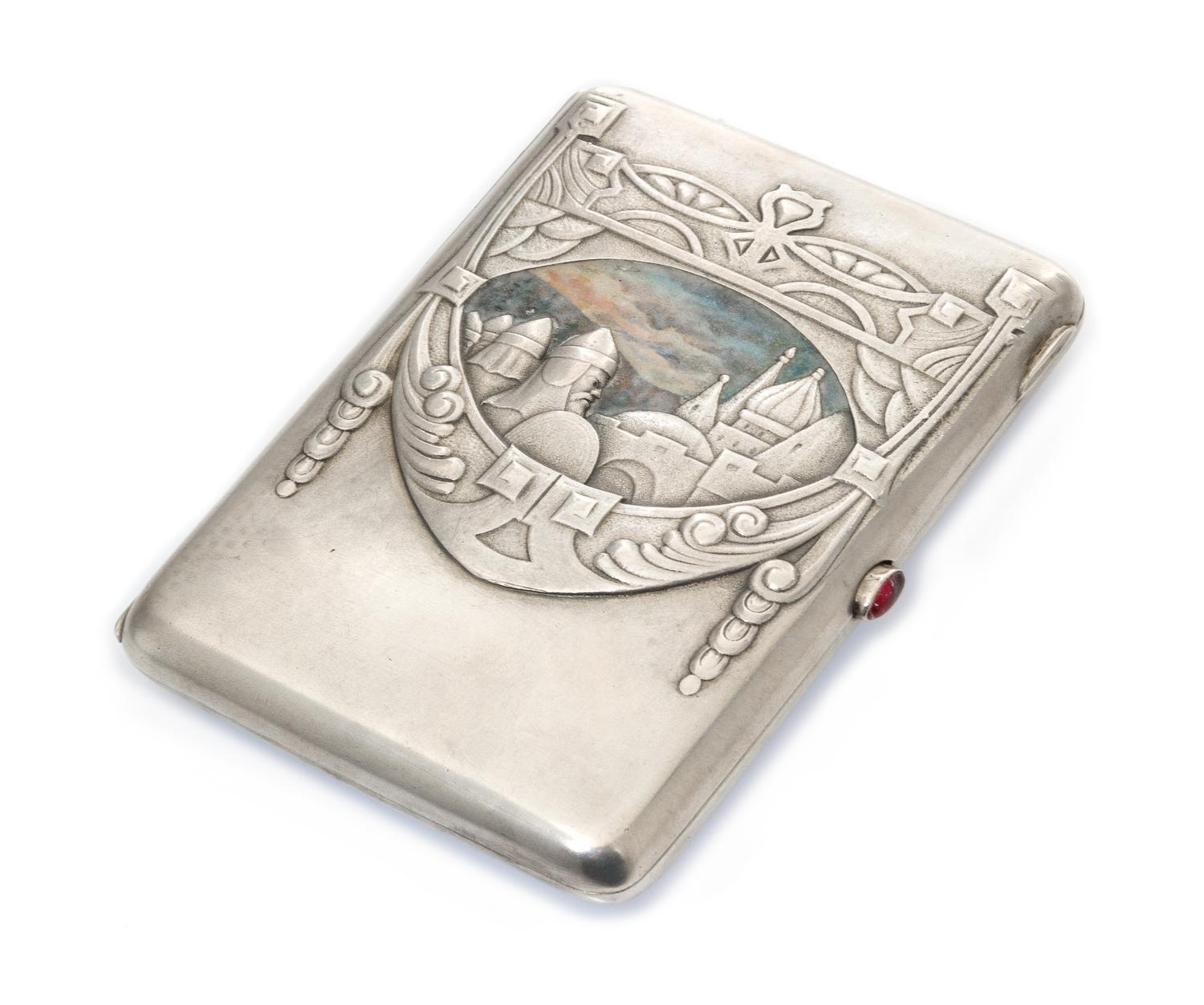 A Russian Silver and en Plein Enamel Cigarette Case, Maker's mark Cyrillic BiK, Moscow, early 20th century, the lid worked with an Art
