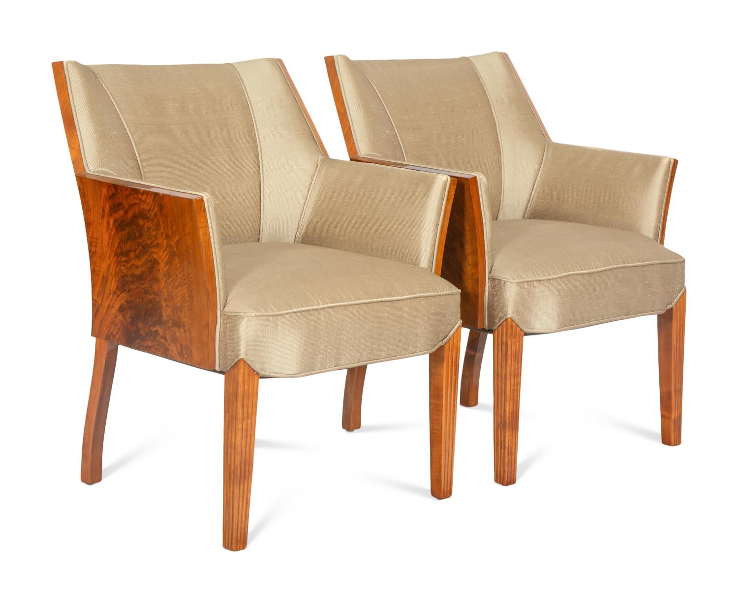 A Pair of French Art Deco Burl Walnut Bergeres