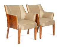A Pair of French Art Deco Burl Walnut Bergeres