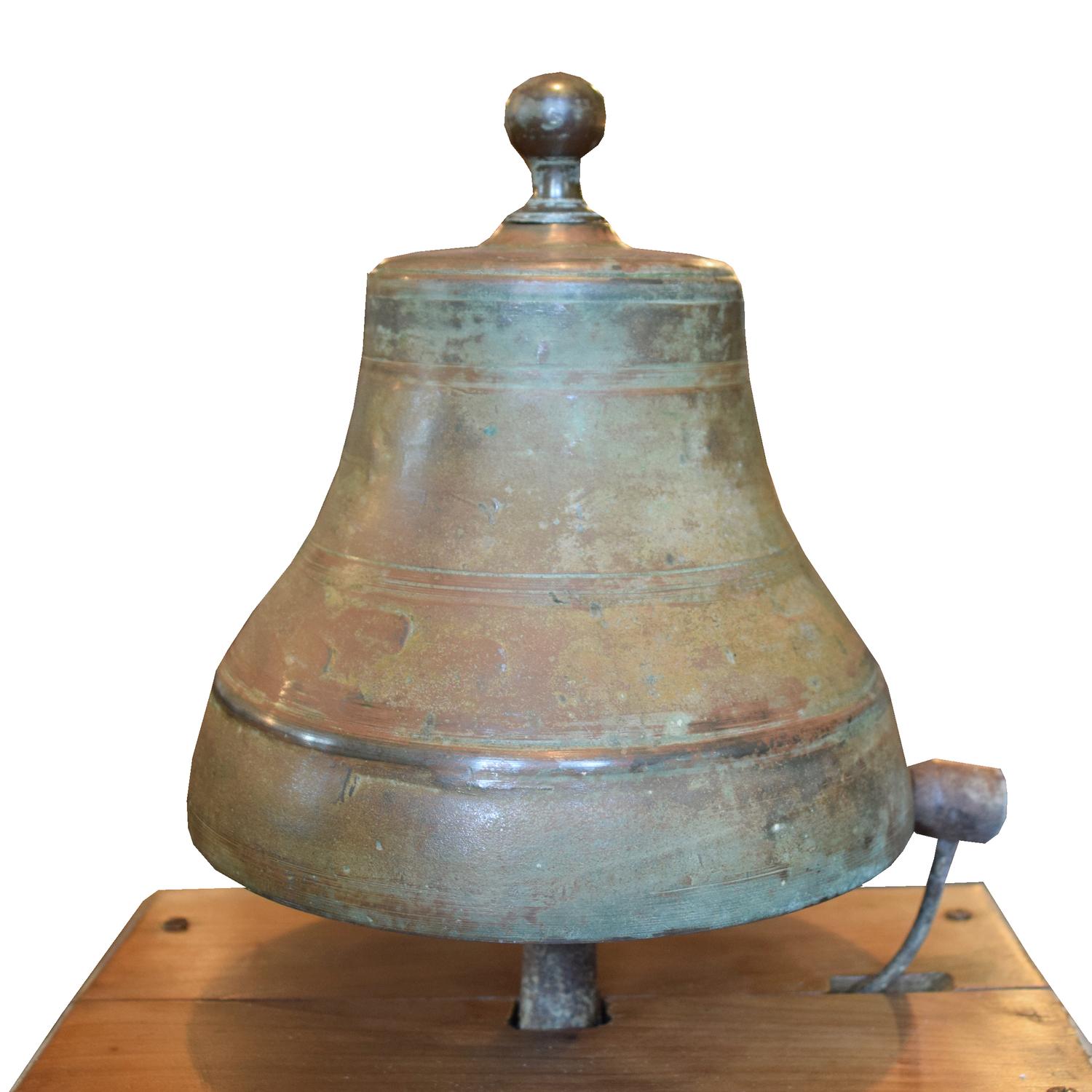 A Bronze Time Clock Bell on Wood Base 12" W x 8" D x 19" H — Italy