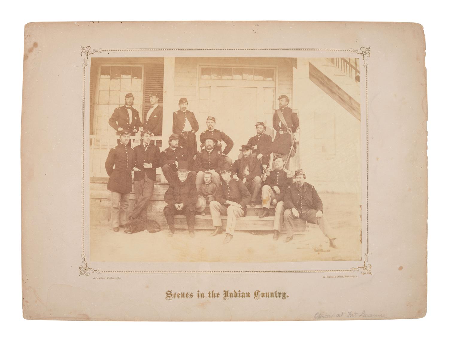 GARDNER, Alexander (1821-1882), photographer. Two albumen photographs taken during the Fort Laramie Treaty conference, incl. a group of infantry officers. 1868.