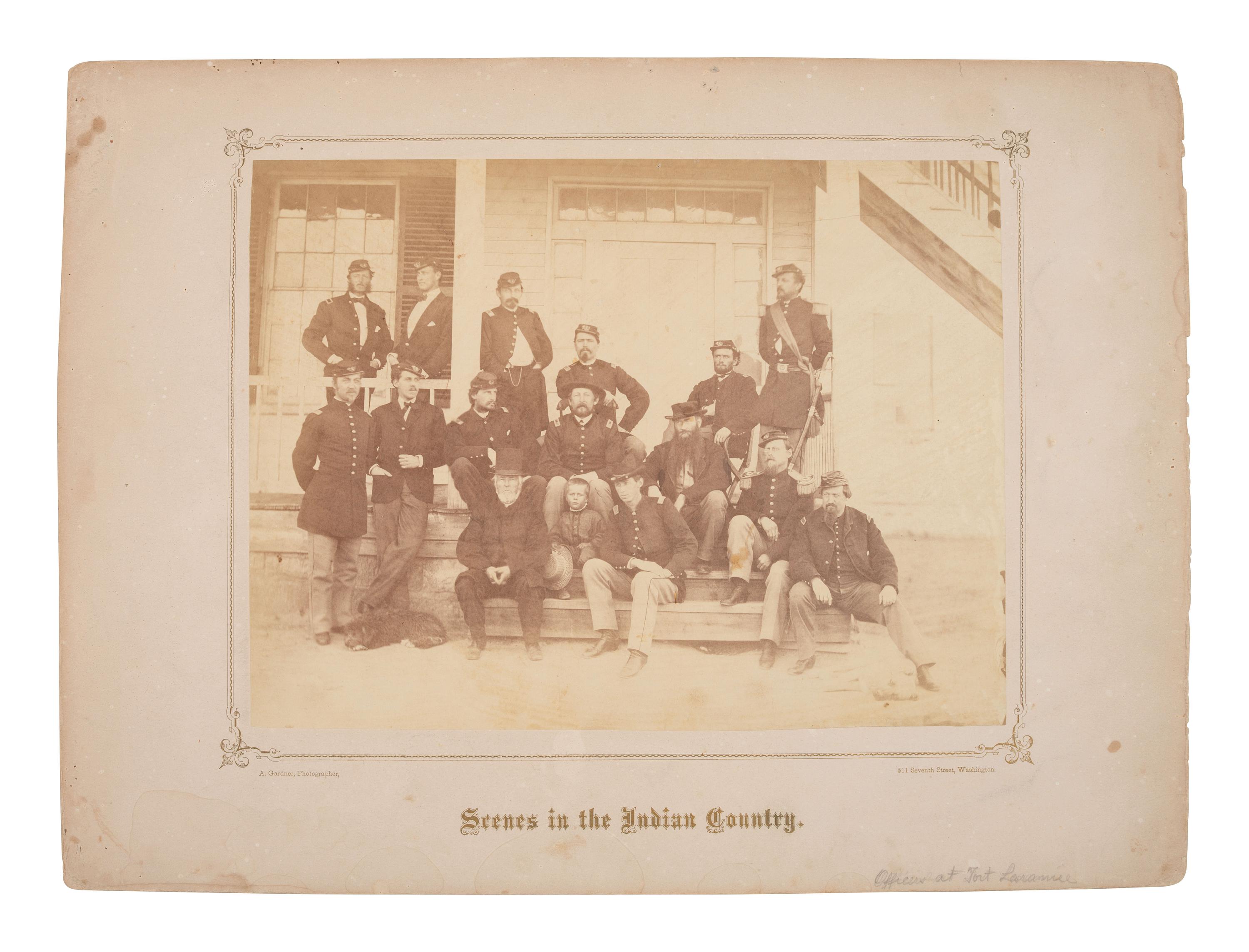 GARDNER, Alexander (1821-1882), photographer. Two albumen photographs taken during the Fort Laramie Treaty conference, incl. a group of infantry officers. 1868.