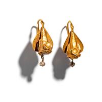A Pair of Byzantine or Islamic Gold and Garnet Bird-Shaped Earrings