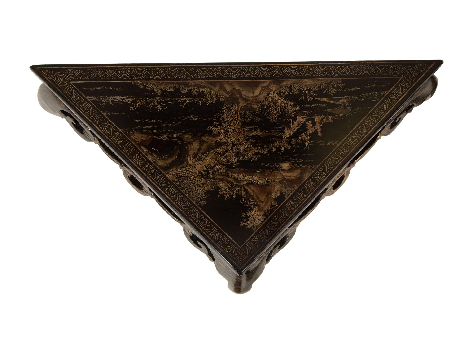 A Pair of Chinese Black and Gilt Lacquer Corner Tables